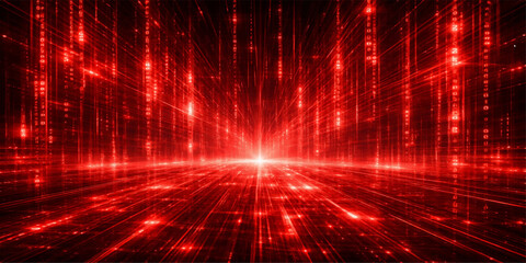 A shiny red abstract background with glowing rays and bright star light creates a magic energy motion texture for a Christmas night design or technology art illustration © RazuAhmed