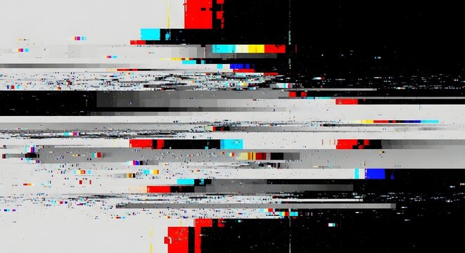 Horizontal glitch lines with red and blue accents. Data corruption and digital display error. Abstract technical background with fragmented pixel patterns and signal interference