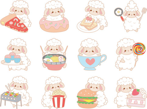Cute sheep hand drawn emotes icon. Baby sheep illustration activites. Funny sheep clip art elements.