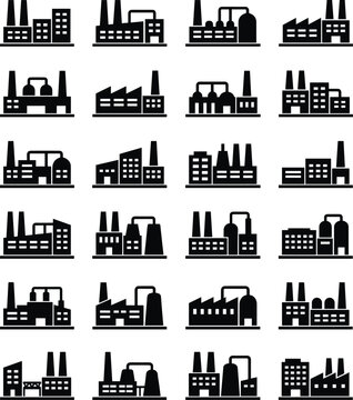 Collection of Industrial Factory Silhouette Vector Icons Representing Manufacturing and Production Buildings