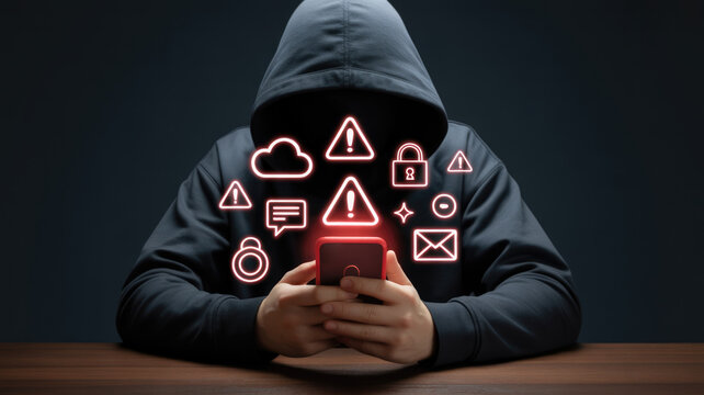 Person in dark hoodie holding smartphone with digital security and warning icons floating above, dark background, cybercrime concept.