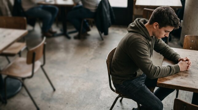 Man Sitting Alone with Clasped Hands at Table in Dimly Lit Cafe 014