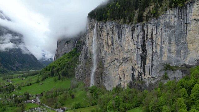 Staubbach Falls in Misty Lauterbrunnen Valley Switzerland