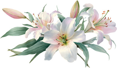 Fototapeta premium Elegant watercolor illustration featuring a charming bouquet of pristine white and soft pink lilies nestled amongst lush green foliage, ideal for decorative floral elements and serene design projects