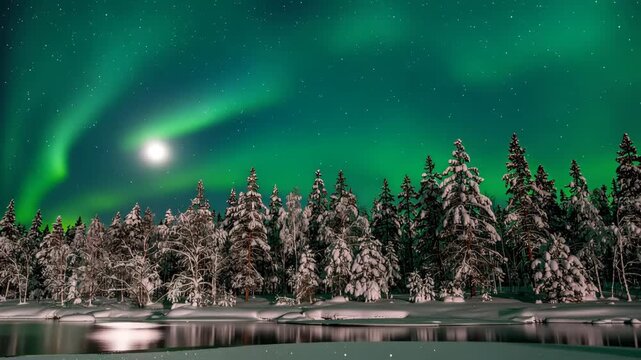 Northern lights dance over a snowy forest landscape in a magical winter night