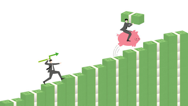 Successful businessman riding piggy bank jumping on rising money banknotes bar graph stairs chasing profit with green arrow spear hunting wealth growth and financial achievement