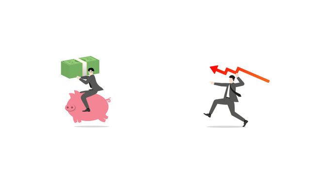 Businessman riding piggy bank carrying money banknotes escaping from red falling arrow spear representing investment loss financial crisis risk and economic recession concept