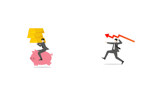 Businessman riding piggy bank carrying gold bars escaping from red falling arrow spear representing investment loss financial crisis risk and gold price volatility concept
