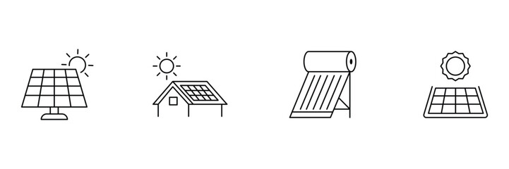 Solar power technology icon set featuring photovoltaic panels and residential water heating systems in clean monoline vector illustration. © Prosenjit