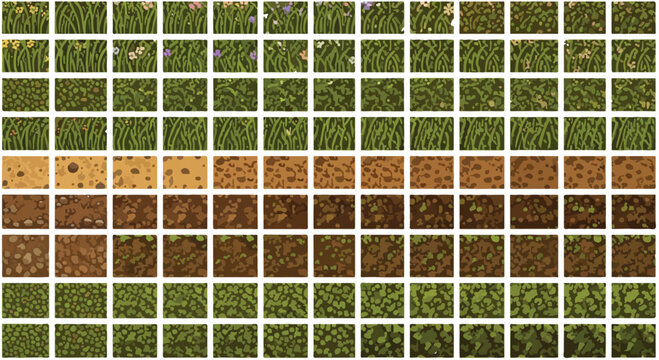Pixel art seamless ground textures, 8-bit game environment tileset, green grass and brown dirt soil patterns, retro video game landscape vector set