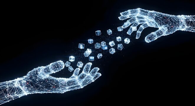 Digital wireframe hands exchanging glowing data cubes. Blockchain technology and cloud computing. Virtual reality interface showing information transfer between two users