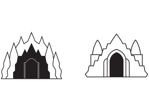 Two fantasy mountain castle gates with pointed towers and arched entrances side by side in black and white line art on white background