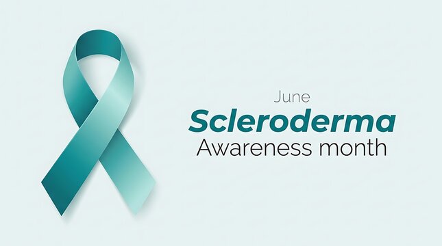 Teal awareness ribbon for scleroderma awareness month in June with text on light background, graphic design element and support symbol.