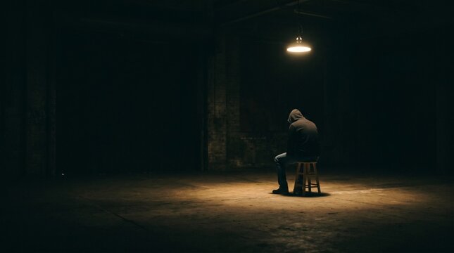 hooded man sitting on stool in dark empty room under cinematic spotlight 137