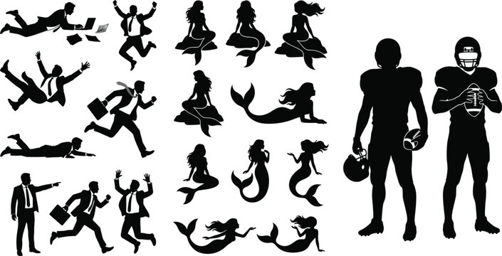 Fantasy and sports silhouettes set with mermaids dancing women running figures and American football players collection
