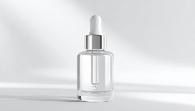 A clear glass serum bottle with a silver cap and dropper stands on a white surface with soft shadows.