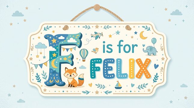 A colorful wooden baby name sign with a fox and various decorations reads 'F is for FELIX' against a light blue background with clouds and stars