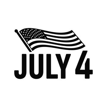 July 4 text with a waving American flag icon for Independence Day celebration in a simple black graphic style