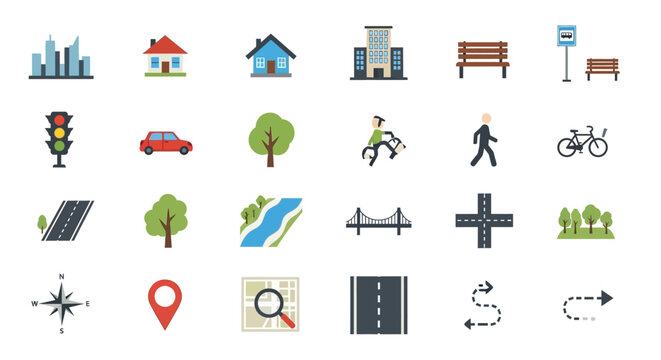 City Icons: Navigation, Transport, Buildings, Nature