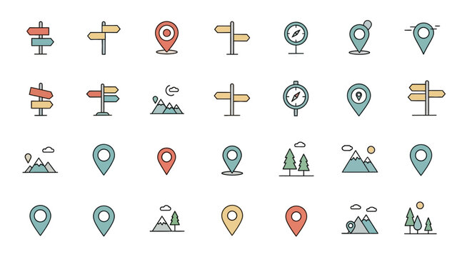 Location Icons: Map Pins, Signs, Compass, Mountains
