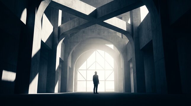 mysterious person standing in massive brutalist concrete hall with bright light portal 003