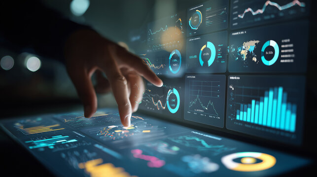 A person's hand interacting with a futuristic digital dashboard displaying complex data visualizations, financial charts, and global maps for advanced business analytics and high-tech monitoring