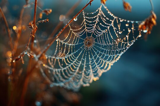 Dew-Adorned Spiderweb in Morning Light