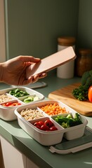 Naklejka premium Person holding a peach smartphone over meal prep containers for diet tracking, food and health app marketing on a kitchen counter with fresh vegetables