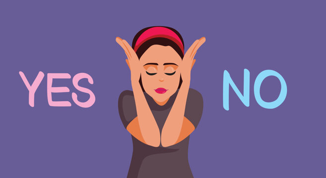 Indecisive Woman Standing Between Yes and No Vector Illustration. Stressed lady blocking loud noise while facing a difficult choice dilemma