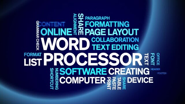 Word Processor animated word cloud-text design animation tag kinetic typography seamless loop.
