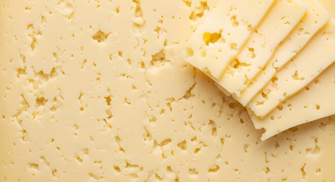 Yellow semi hard cheese slices with holes on cheese background