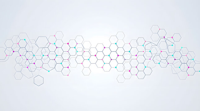 Intricate molecular structure composition with hexagonal geometric patterns and connecting lines representing scientific research connection and network ideas and digital technology advancement