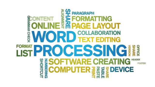 Word Processing animated word cloud-text design animation tag kinetic typography seamless loop.