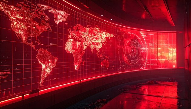 A dramatic, high-tech control room bathed in intense red light, showcasing a global map. The scene exudes an air of advanced technology, crisis, and international affairs.