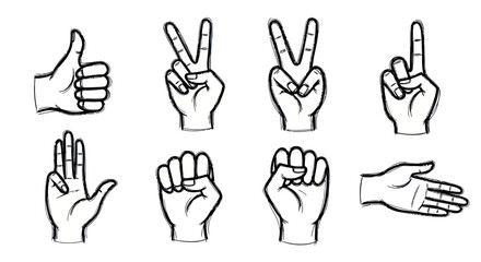 Obraz premium Hand Gestures Collection: Thumbs Up, Peace Sign, Rock Paper Scissors, Open Hand