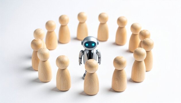 An artificial intelligence robot standing in the center surrounded by people. showcasing unity, and the interaction between human and technology.