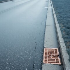 Fototapeta premium Wet asphalt road background with a metal storm drain and curb for infrastructure maintenance, weather documentation and civil engineering projects with copy space