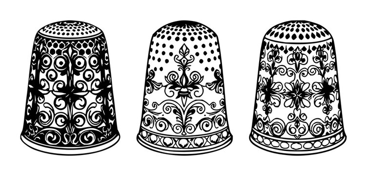 Thimble set with ornate silver details featuring sewing, needlework, craftsmanship with traditional and intricate design