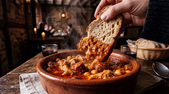 Hand dipping bread into steaming Callos a la Madrile&ntilde;a traditional Spanish stew.