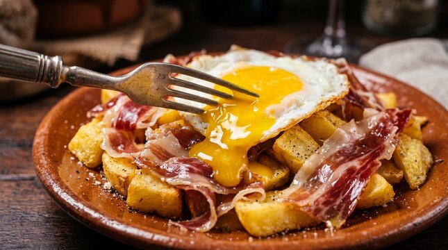 Traditional Spanish tapas Huevos Rotos with Iberian ham and runny egg yolk