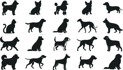 Dog and cat silhouettes collection diverse pets animals breeds outlines domestic canine feline shapes posture tail fur stock illustration design © MOSTSHAHANAJ