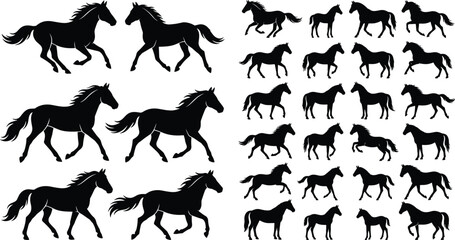 Horse silhouettes collection running trotting standing poses animals equestrian shapes outlines domestic horses variety posture tail mane stock illustration © MOSTSHAHANAJ