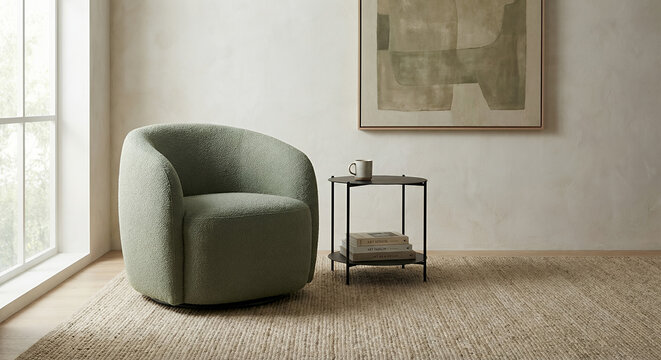 A plush, green armchair sits next to a small black side table with a mug and books on it, in a room with a large window and abstract art on the wall.