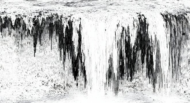 Black and white abstract digital noise texture. Corrupted data stream and static distortion. Falling pixelated waterfall effect creating chaotic background elements.
