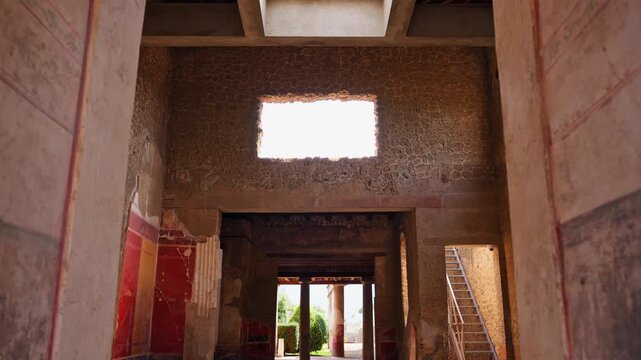 Upward interior view of an ancient Pompeii house, showing the open roof skylight, weathered walls, and preserved Roman architectural structure above the atrium.