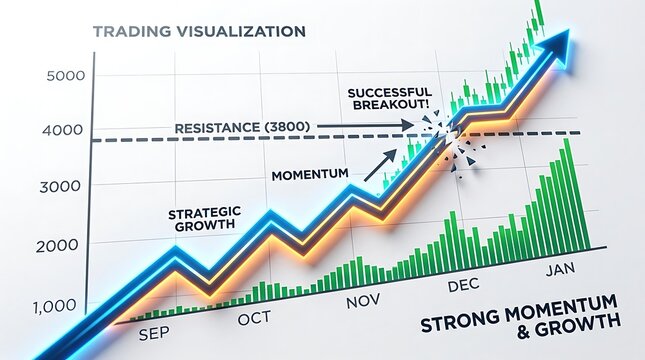 Financial growth chart showing stock market trends, with indicators of resistance, breakout, and strong momentum leading to upward progression