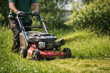 Obraz premium Man mowing green grass with lawn mower cutting fresh garden lawn in sunny summer day outdoor work