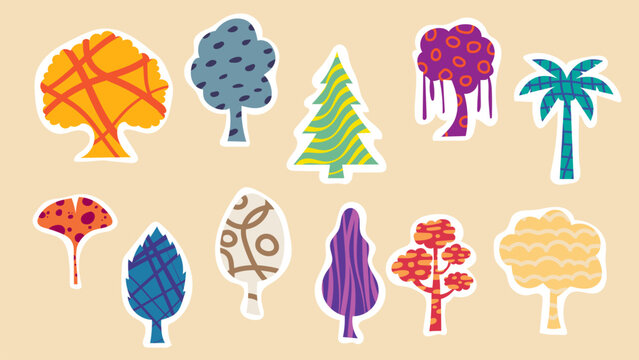 Collection of seasonal trees and nature vector icons colorful plants cartoon illustration