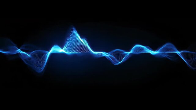 A vibrant blue wave pattern gracefully undulates across a stark black background, creating a mesmerizing visual representation of sound or energy.