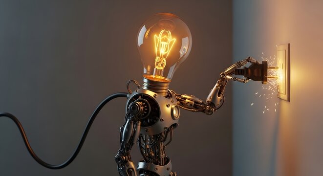Robot with lightbulb head plugging into wall socket. Innovation and artificial intelligence electricity concept. Mechanical cyborg creating a spark connecting a power cord.
